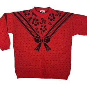 Vintage 90s Classic Essentials Red Black Floral Bow Knit Sweater Womens L‎